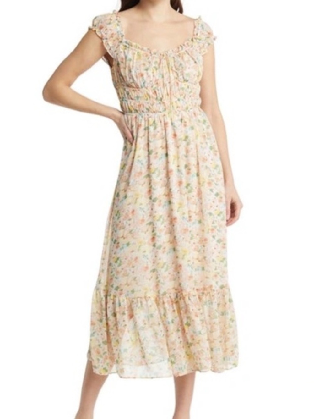 Pastel Floral Ruffle Midi Dress